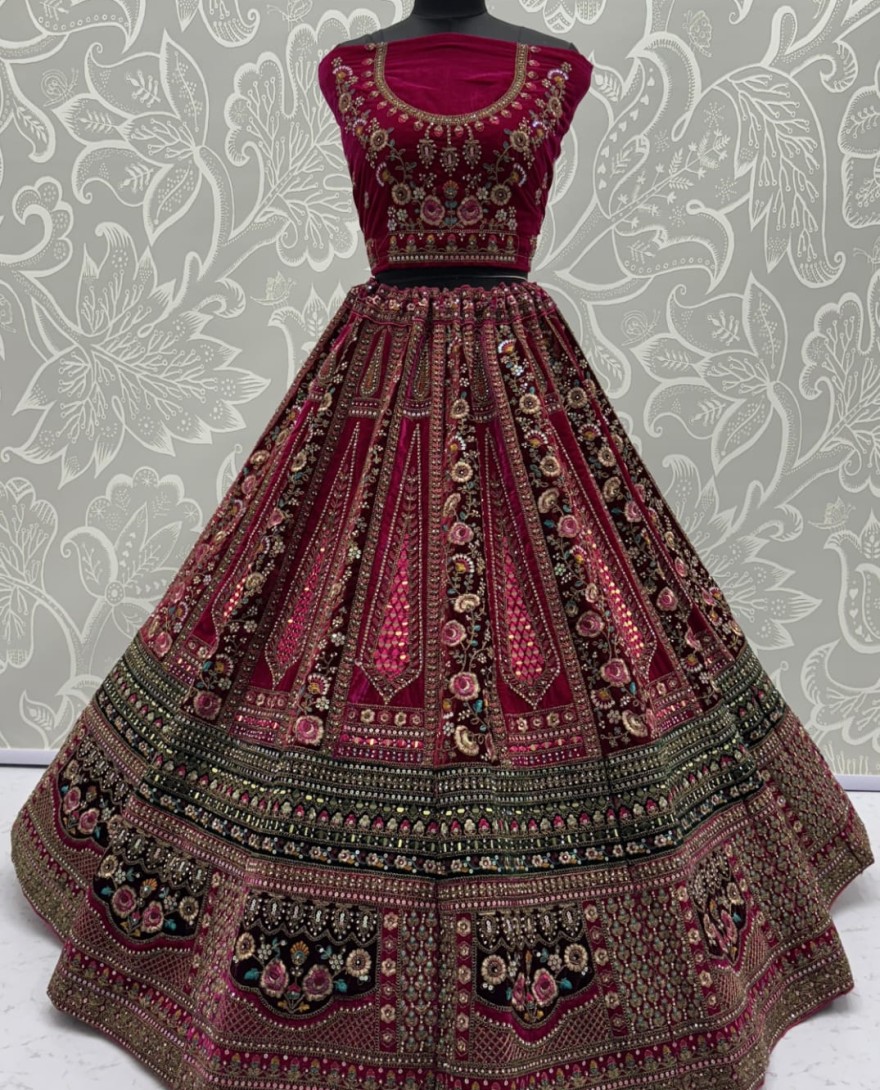 2878-maroon - Double Maroon dupatta combined With excellent flower Embroidery and Hand crafted mirror work designed Bridal Lehenga choli 