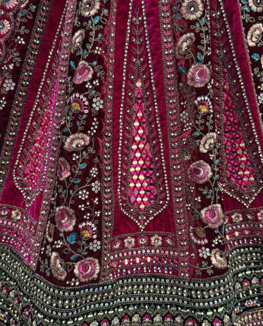 2878-maroon - Double Maroon dupatta combined With excellent flower Embroidery and Hand crafted mirror work designed Bridal Lehenga choli 