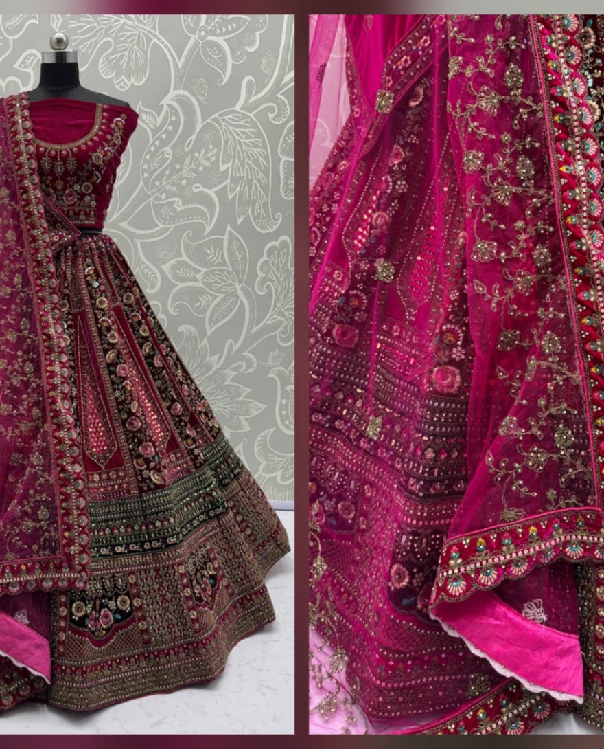 2878-maroon - Double Maroon dupatta combined With excellent flower Embroidery and Hand crafted mirror work designed Bridal Lehenga choli 
