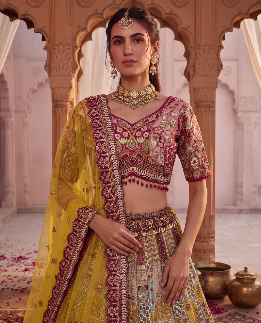 MULTICOLOR - Multicolor Gadhwal Silk Embroidered Sequins With Beads Embellished Lehenga Wedding Wear