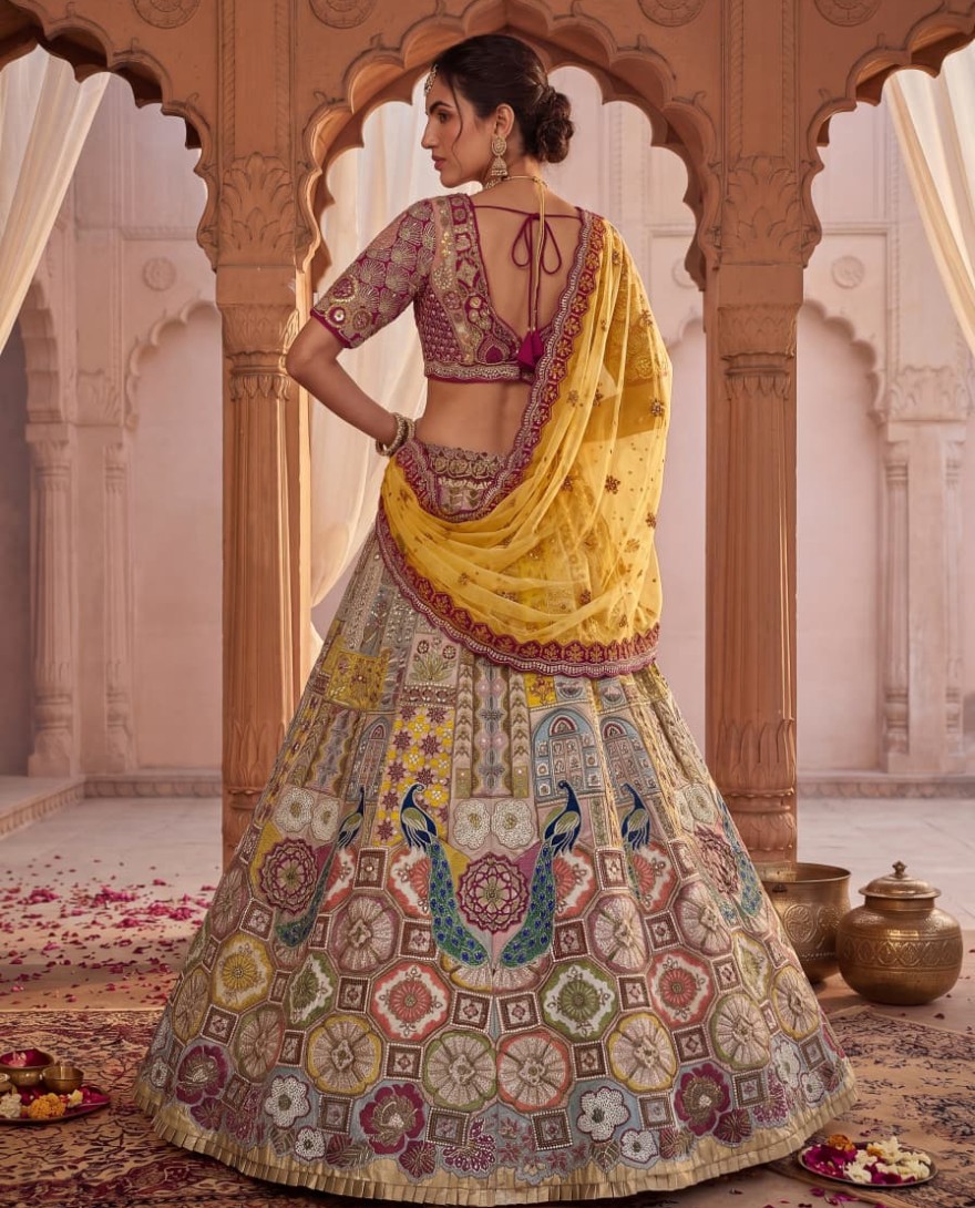 MULTICOLOR - Multicolor Gadhwal Silk Embroidered Sequins With Beads Embellished Lehenga Wedding Wear