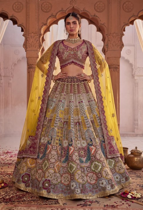 Multicolor Gadhwal Silk Embroidered Sequins With Beads Embellished Lehenga Wedding Wear