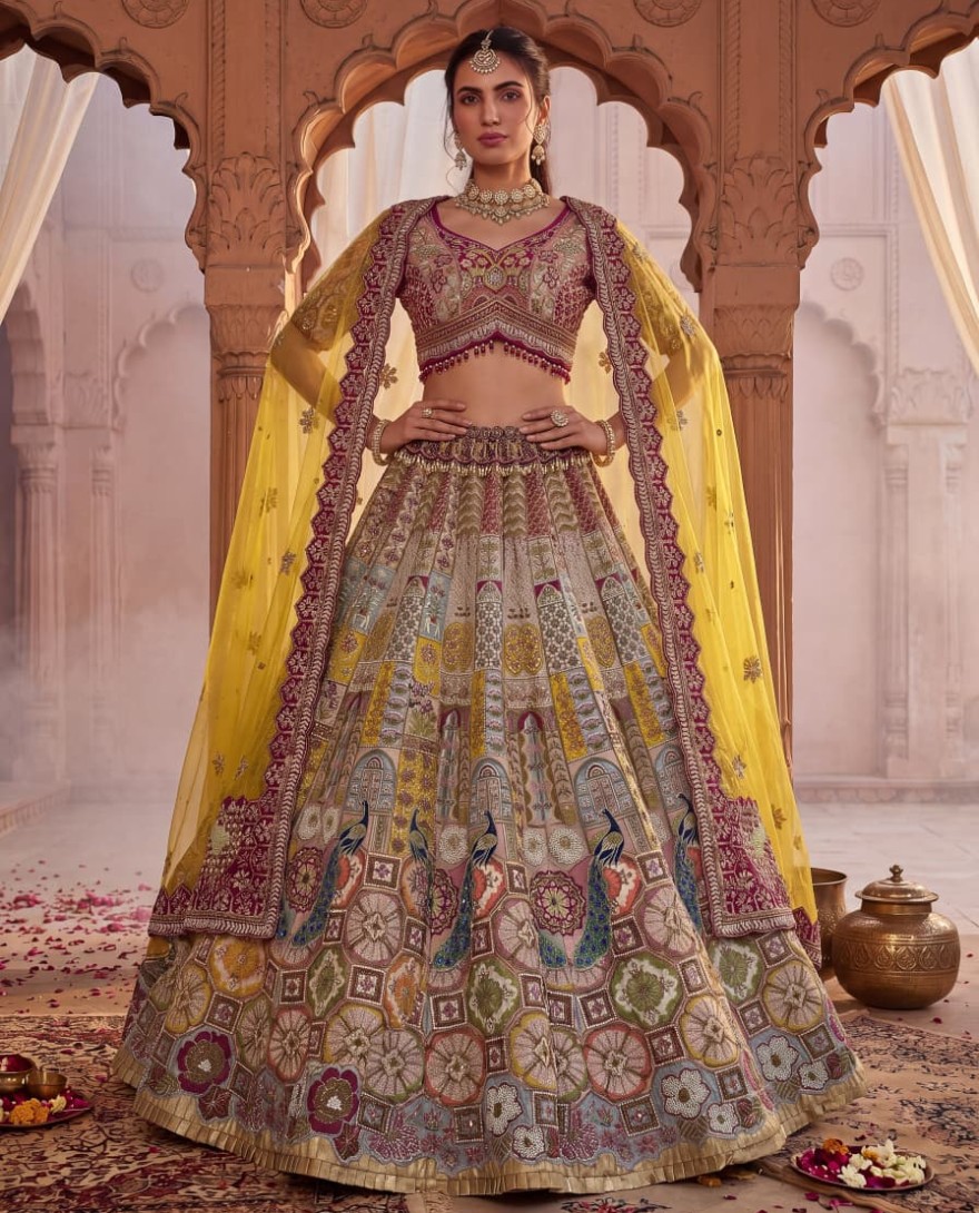 MULTICOLOR - Multicolor Gadhwal Silk Embroidered Sequins With Beads Embellished Lehenga Wedding Wear
