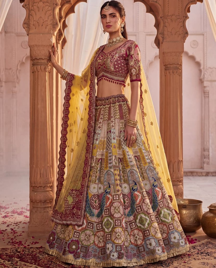 MULTICOLOR - Multicolor Gadhwal Silk Embroidered Sequins With Beads Embellished Lehenga Wedding Wear