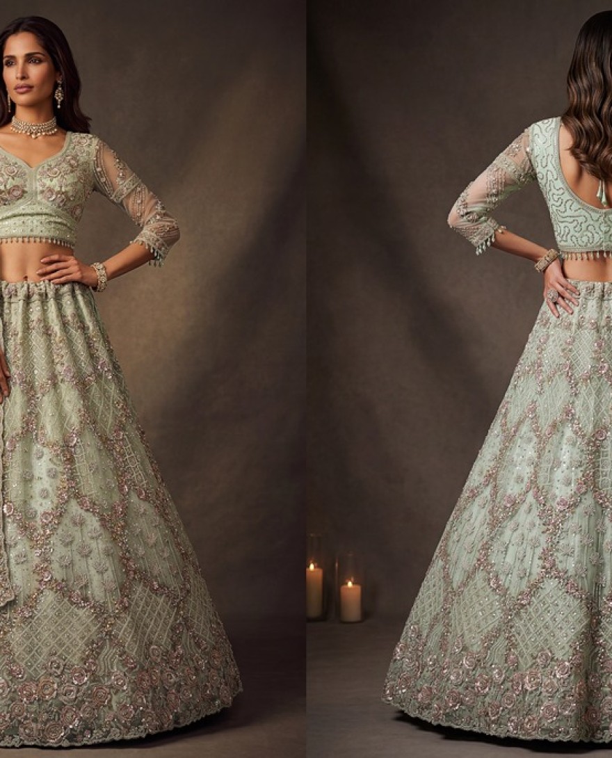 GREEN - Beautiful Pastel Green Sequins Net Bridesmaid Lehenga Choli