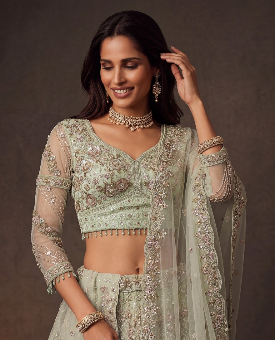 GREEN - Beautiful Pastel Green Sequins Net Bridesmaid Lehenga Choli