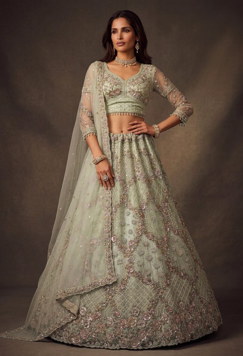 Beautiful Pastel Green Sequins Net Bridesmaid Lehenga Choli
