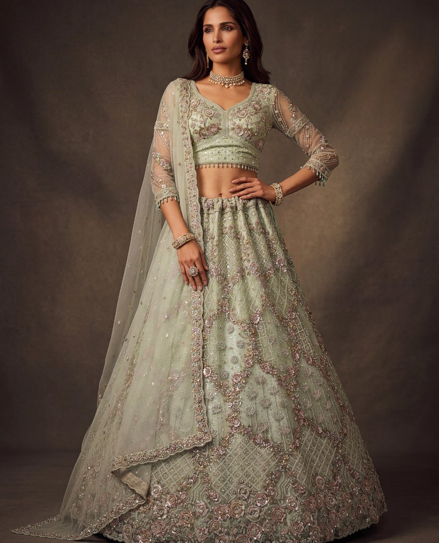 GREEN - Beautiful Pastel Green Sequins Net Bridesmaid Lehenga Choli