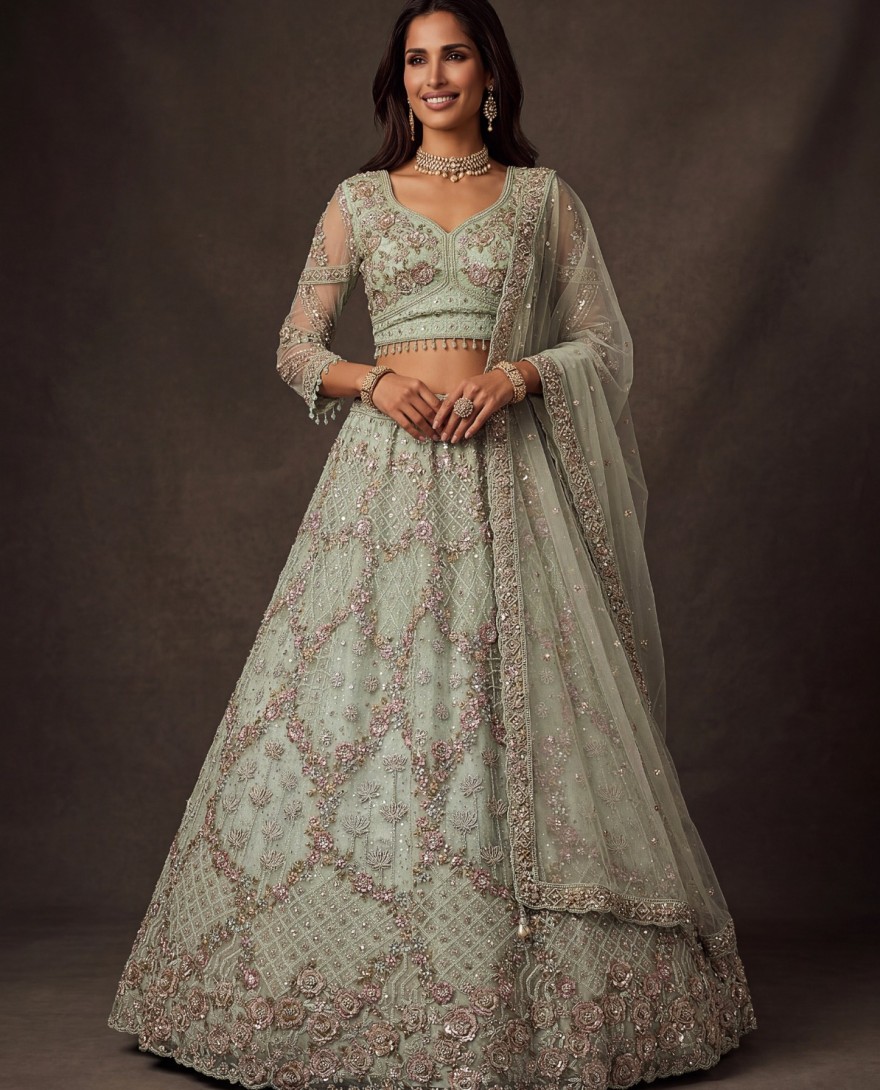 GREEN - Beautiful Pastel Green Sequins Net Bridesmaid Lehenga Choli