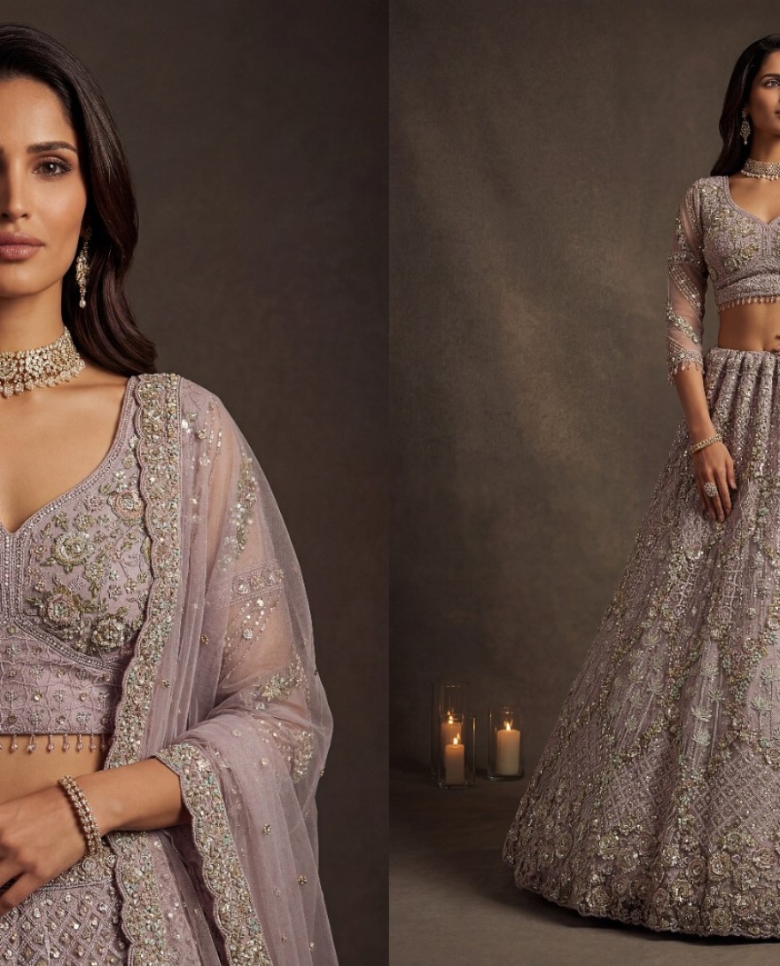 MAUVE - Notable Mauve Multi Thread Work Net Reception Wear Lehenga With Blouse