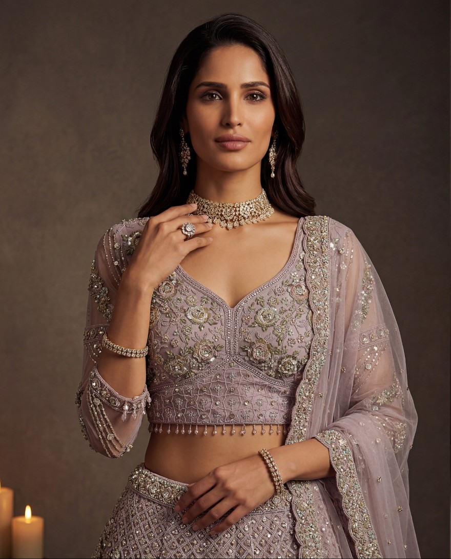 MAUVE - Notable Mauve Multi Thread Work Net Reception Wear Lehenga With Blouse