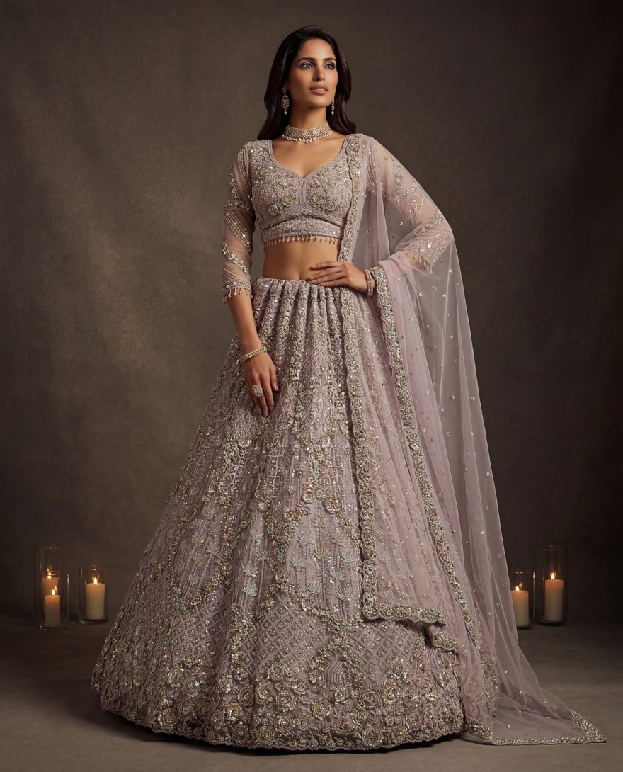 MAUVE - Notable Mauve Multi Thread Work Net Reception Wear Lehenga With Blouse