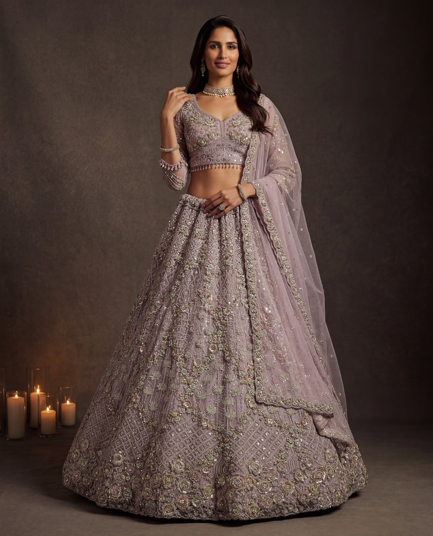 MAUVE - Notable Mauve Multi Thread Work Net Reception Wear Lehenga With Blouse