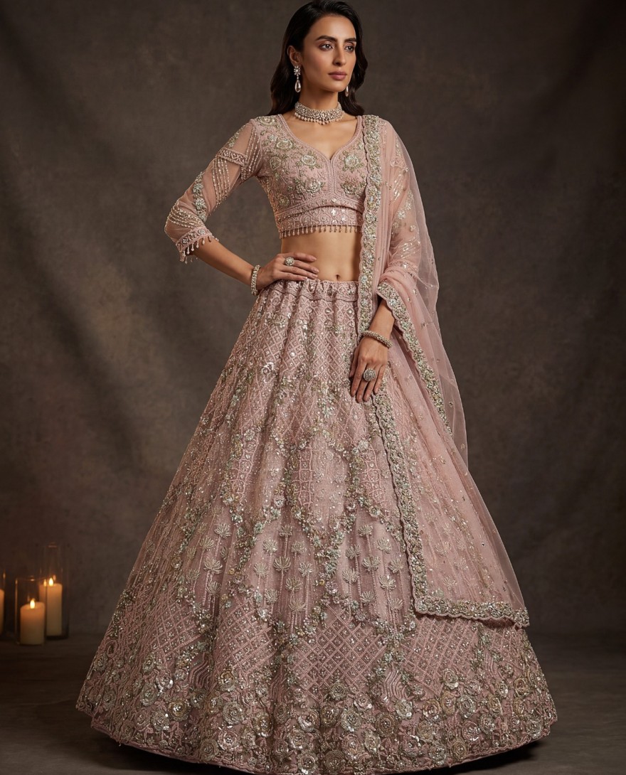 PINK - Terrific Pink Dori Embroidery Net Engagement Wear Lehenga Choli