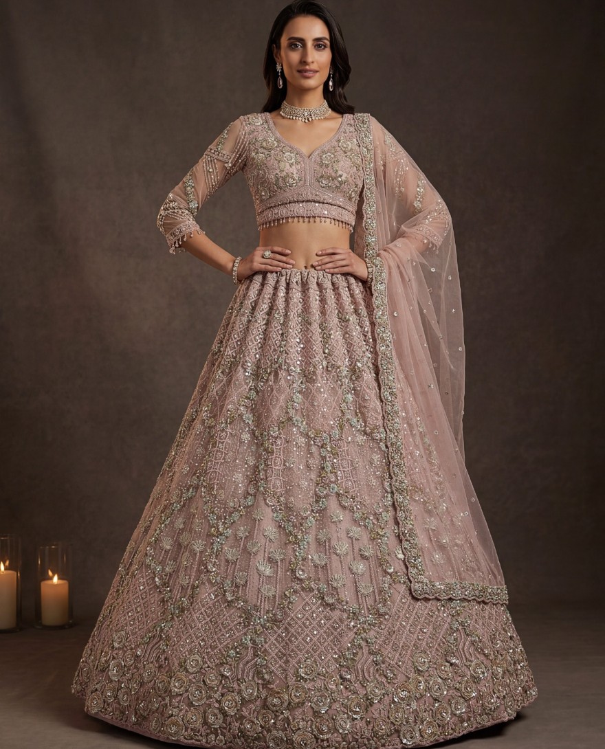 PINK - Terrific Pink Dori Embroidery Net Engagement Wear Lehenga Choli