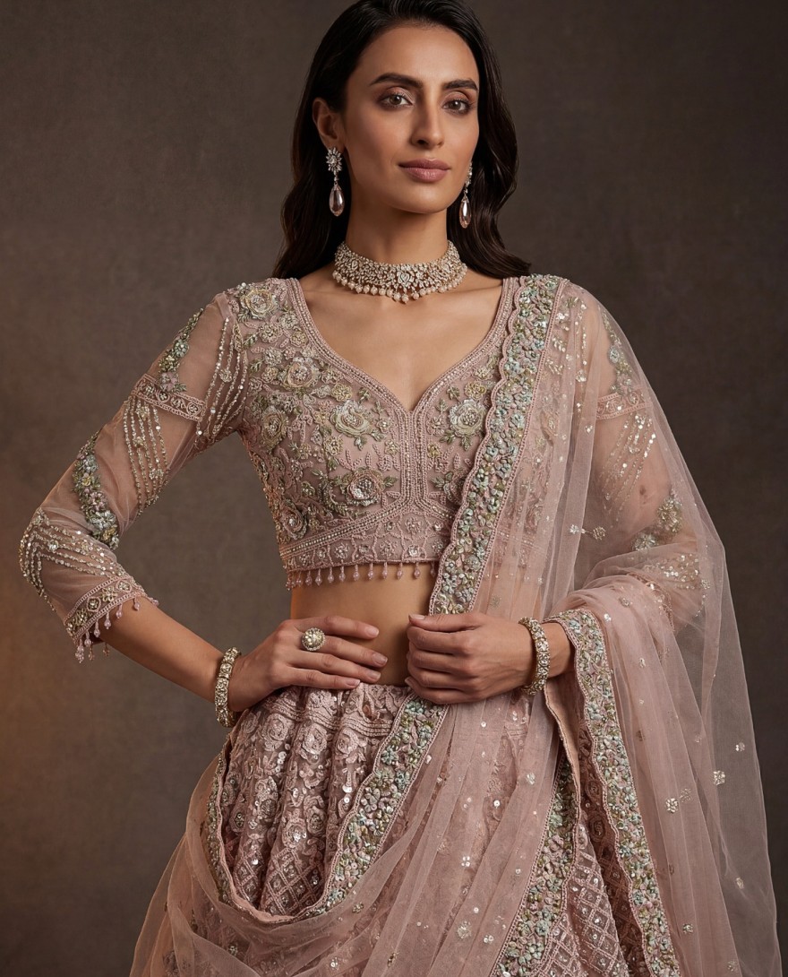 PINK - Terrific Pink Dori Embroidery Net Engagement Wear Lehenga Choli