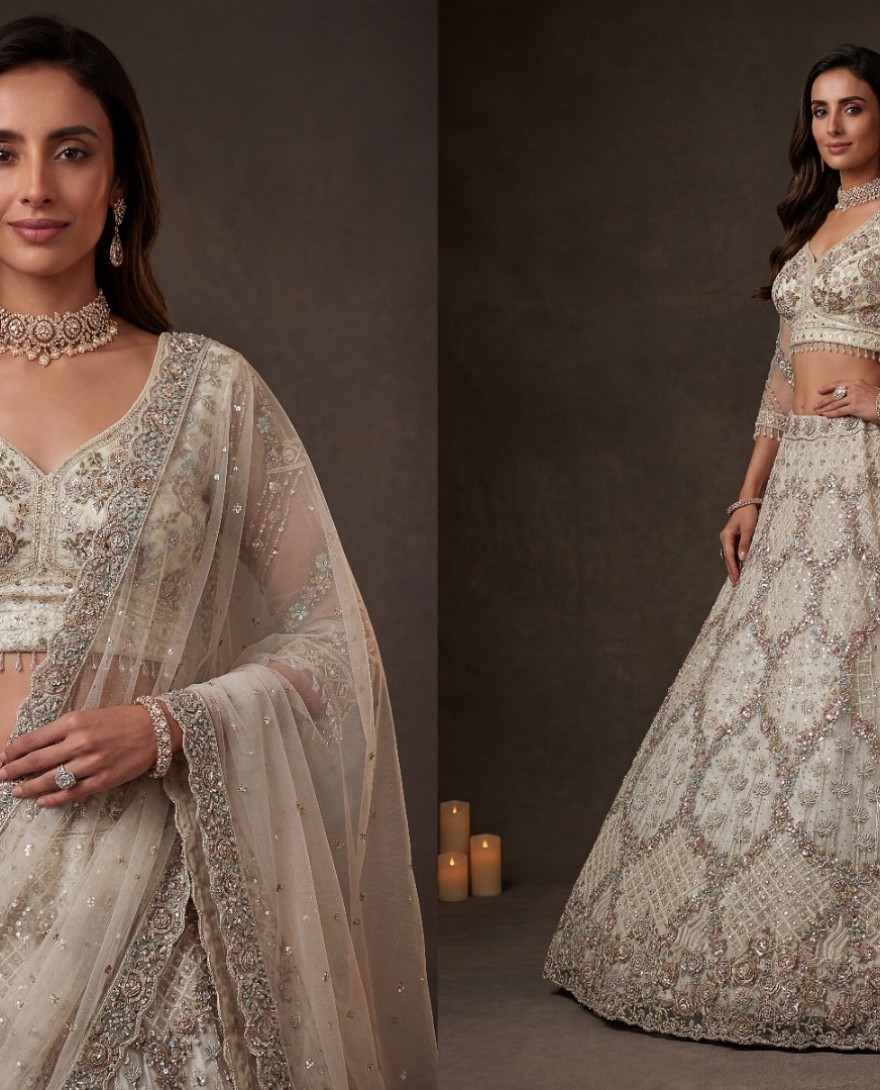 WHITE - Grand White Heavy Embroidered Net Cocktail Wear Lehenga Choli With Dupatta