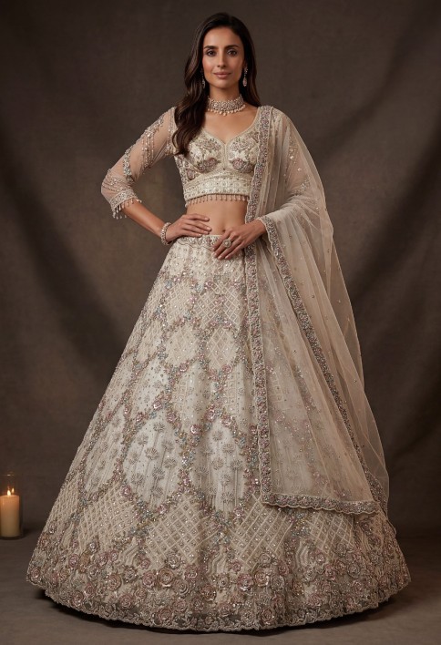 Grand White Heavy Embroidered Net Cocktail Wear Lehenga Choli With Dupatta
