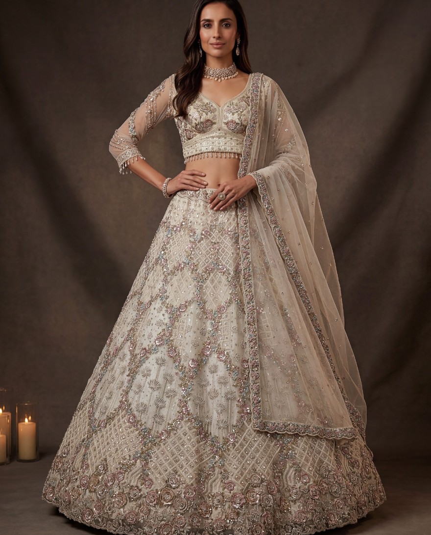 WHITE - Grand White Heavy Embroidered Net Cocktail Wear Lehenga Choli With Dupatta