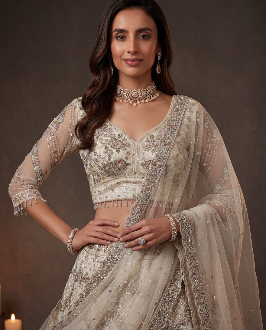 WHITE - Grand White Heavy Embroidered Net Cocktail Wear Lehenga Choli With Dupatta