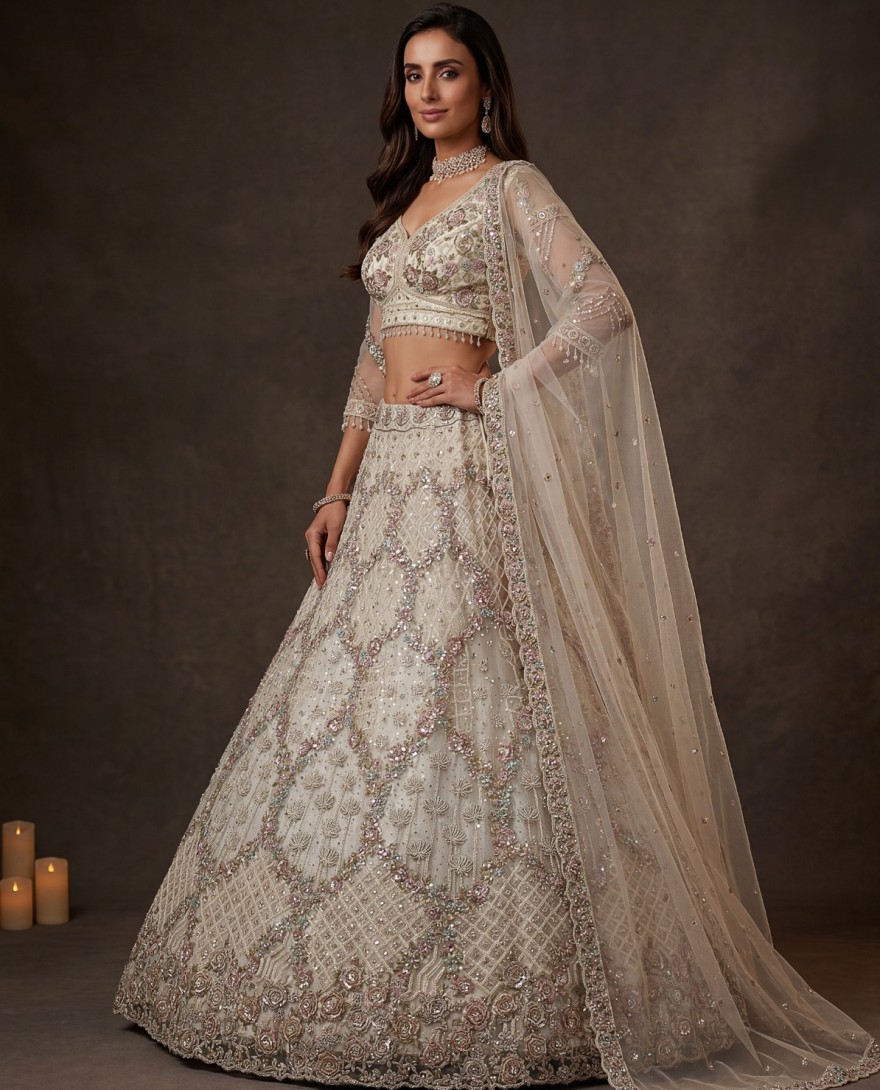 WHITE - Grand White Heavy Embroidered Net Cocktail Wear Lehenga Choli With Dupatta