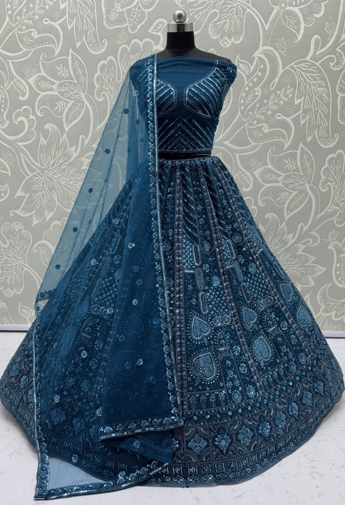 Sober Handwork Blue Motif and Crystal Pipe work Designed Reception Wear Collection in Lehenga Choli