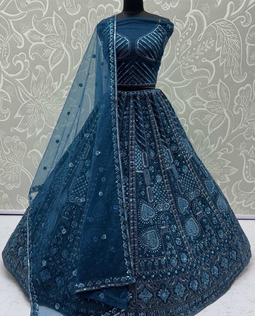 2877-blue - Sober Handwork Blue Motif and Crystal Pipe work Designed Reception Wear Collection in Lehenga Choli
