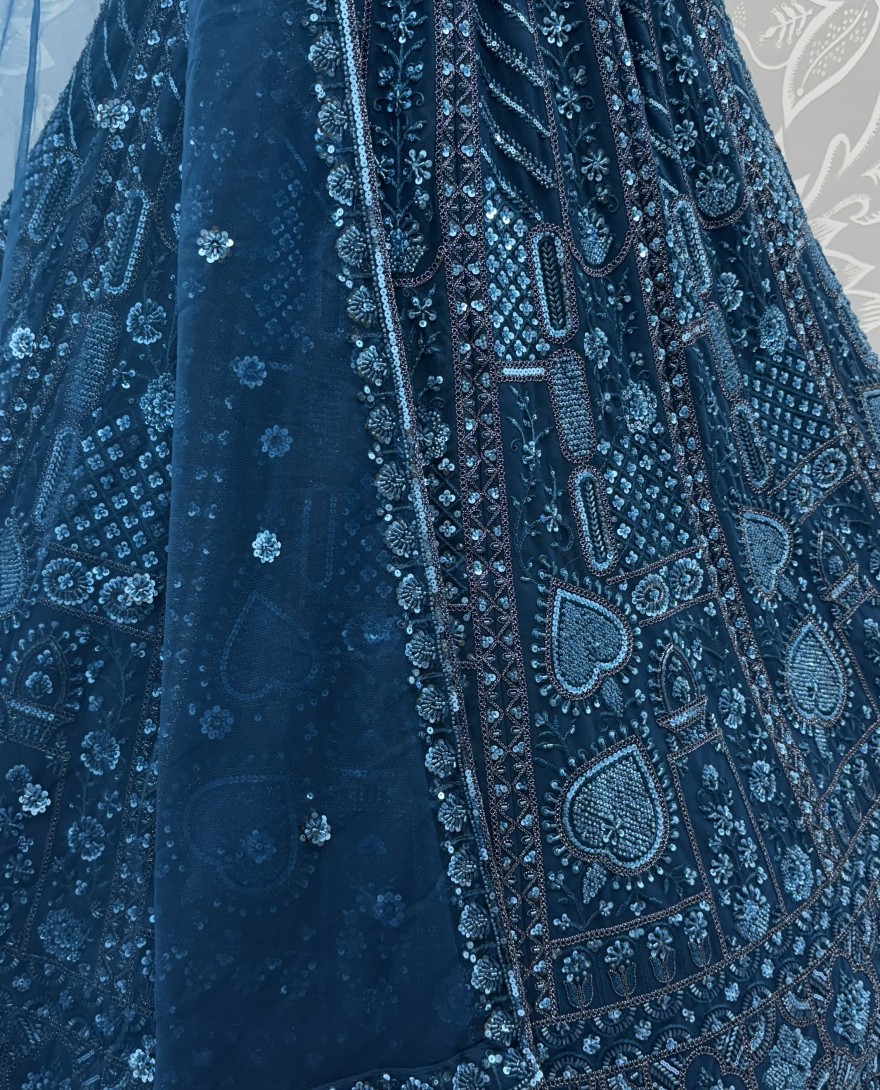 2877-blue - Sober Handwork Blue Motif and Crystal Pipe work Designed Reception Wear Collection in Lehenga Choli