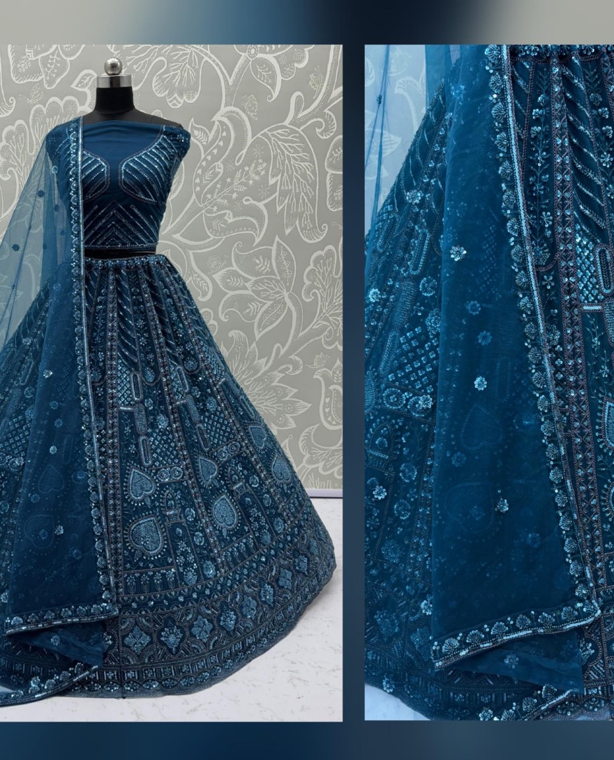 2877-blue - Sober Handwork Blue Motif and Crystal Pipe work Designed Reception Wear Collection in Lehenga Choli