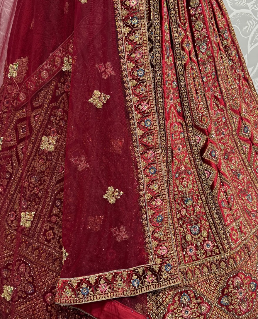 2855-red - Perfect Dori Red Embroidery Designer Velvet Lehenga choli 