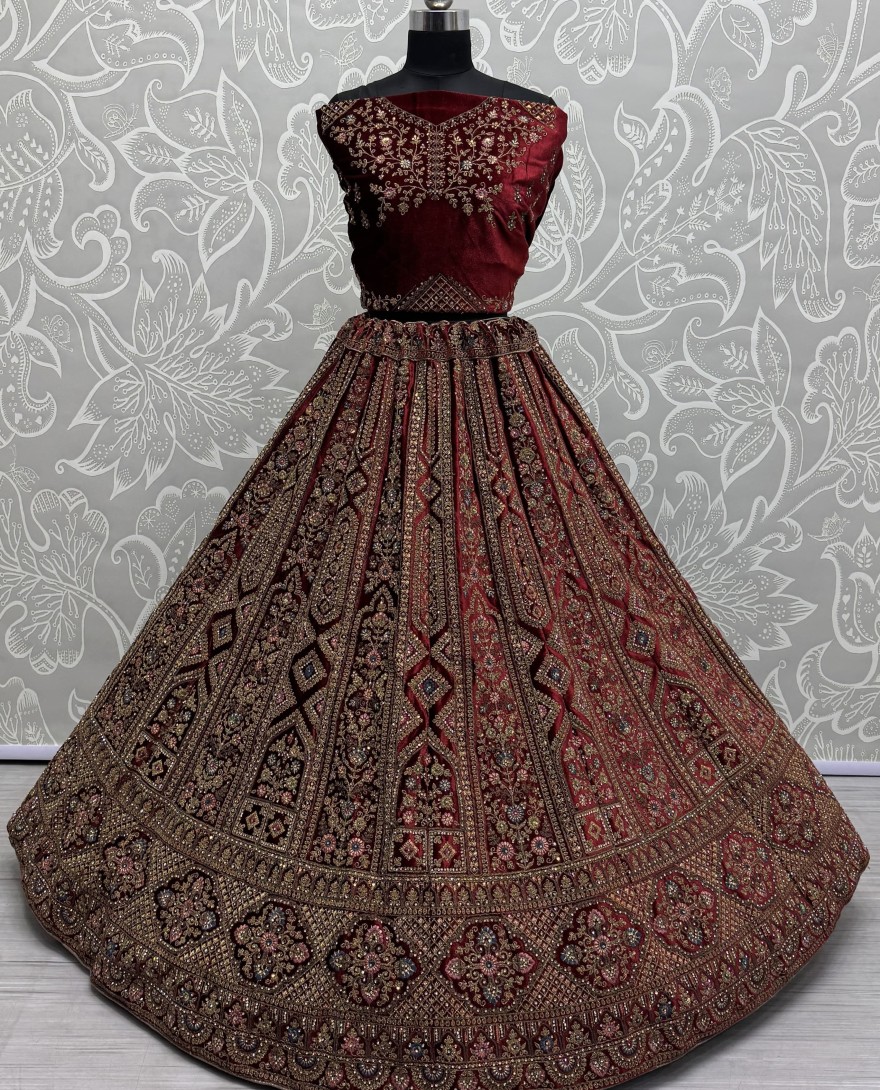 2855-red - Perfect Dori Red Embroidery Designer Velvet Lehenga choli 
