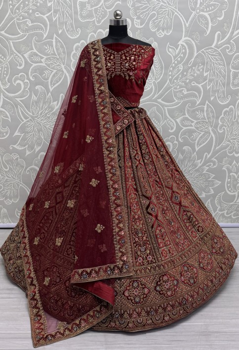 Perfect Dori Red Embroidery Designer Velvet Lehenga choli 
