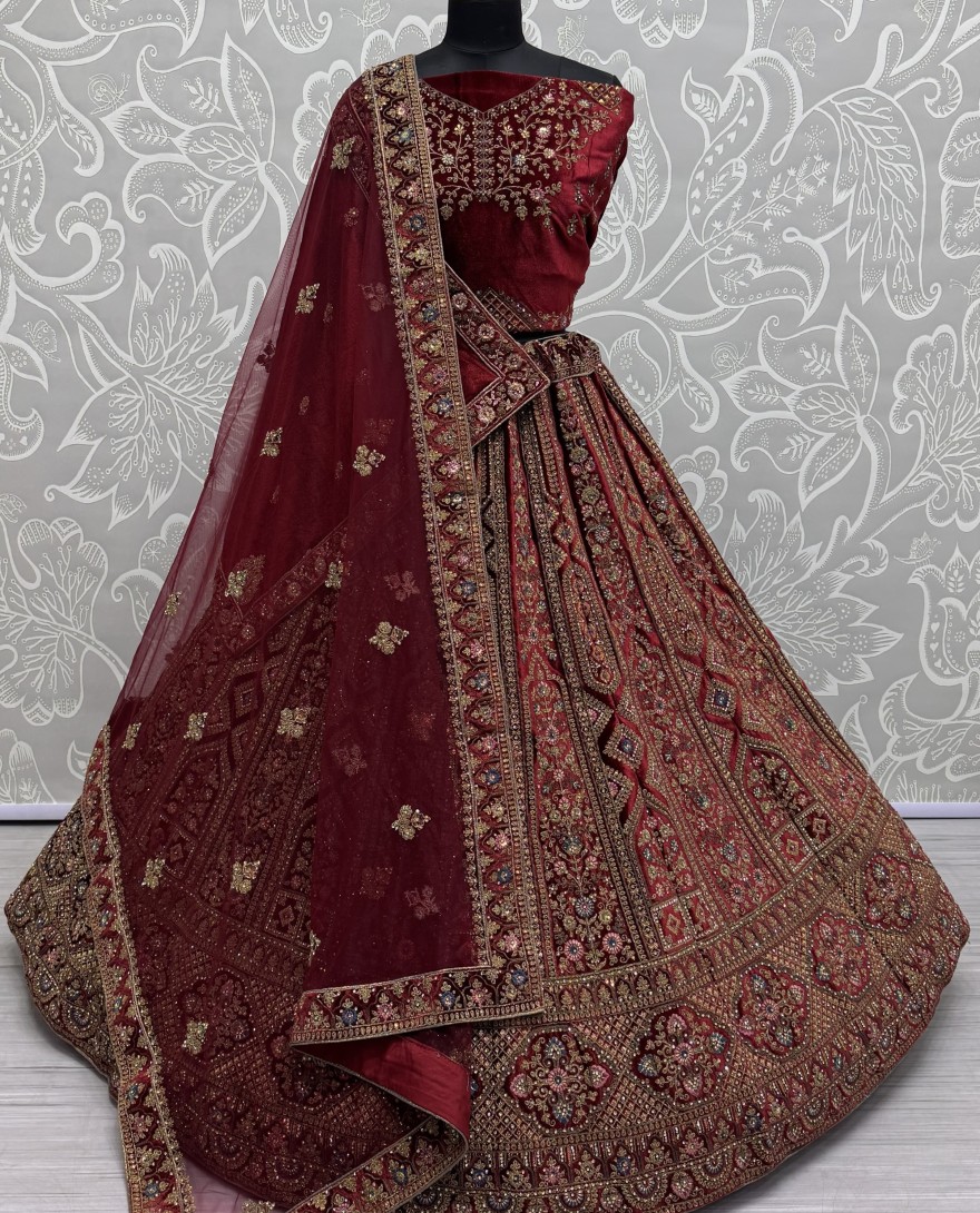 2855-red - Perfect Dori Red Embroidery Designer Velvet Lehenga choli 