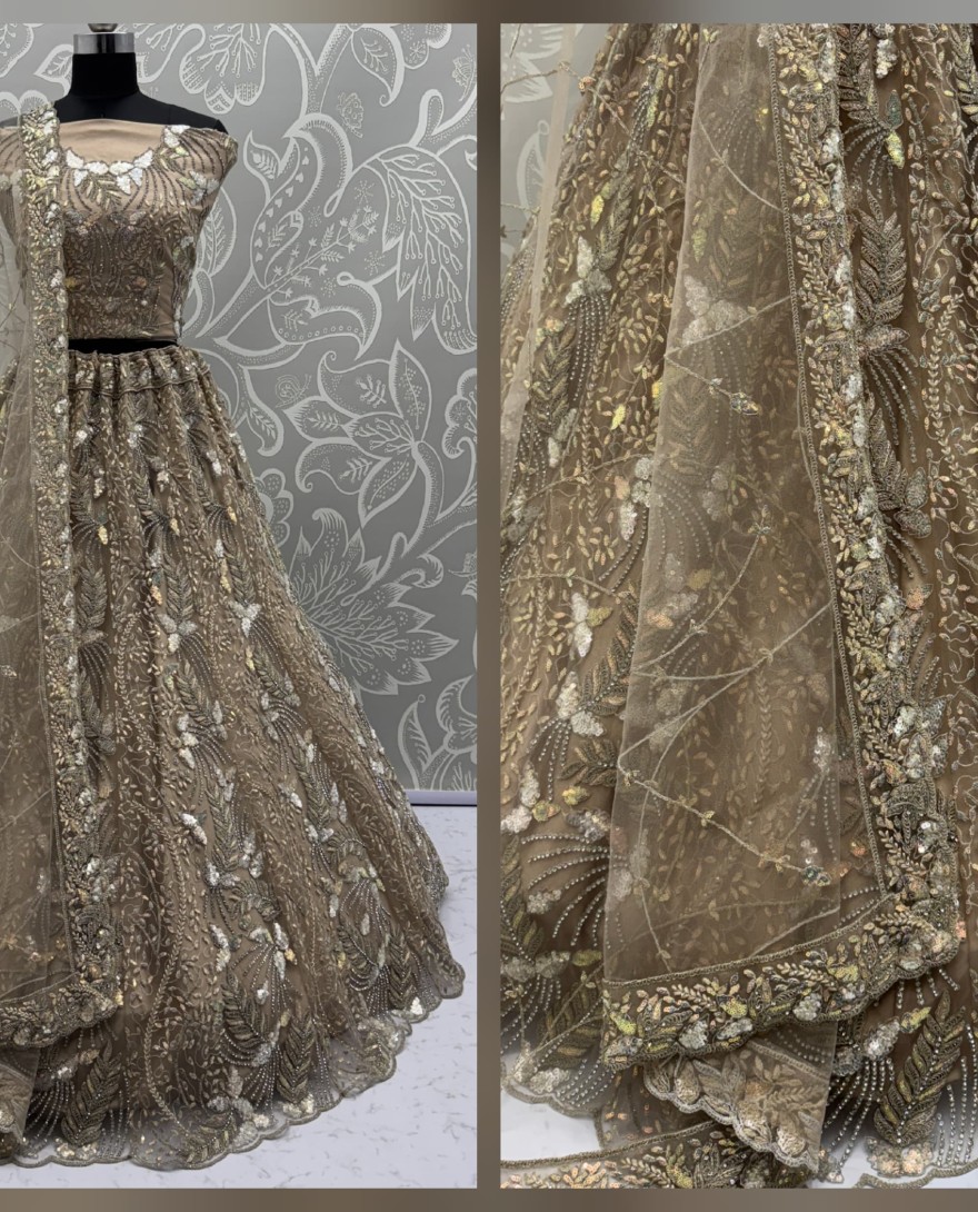 2879golden - Beautiful Golden Dupatta on  Matching Designer Embroidered Reception wear Lehenga choli 