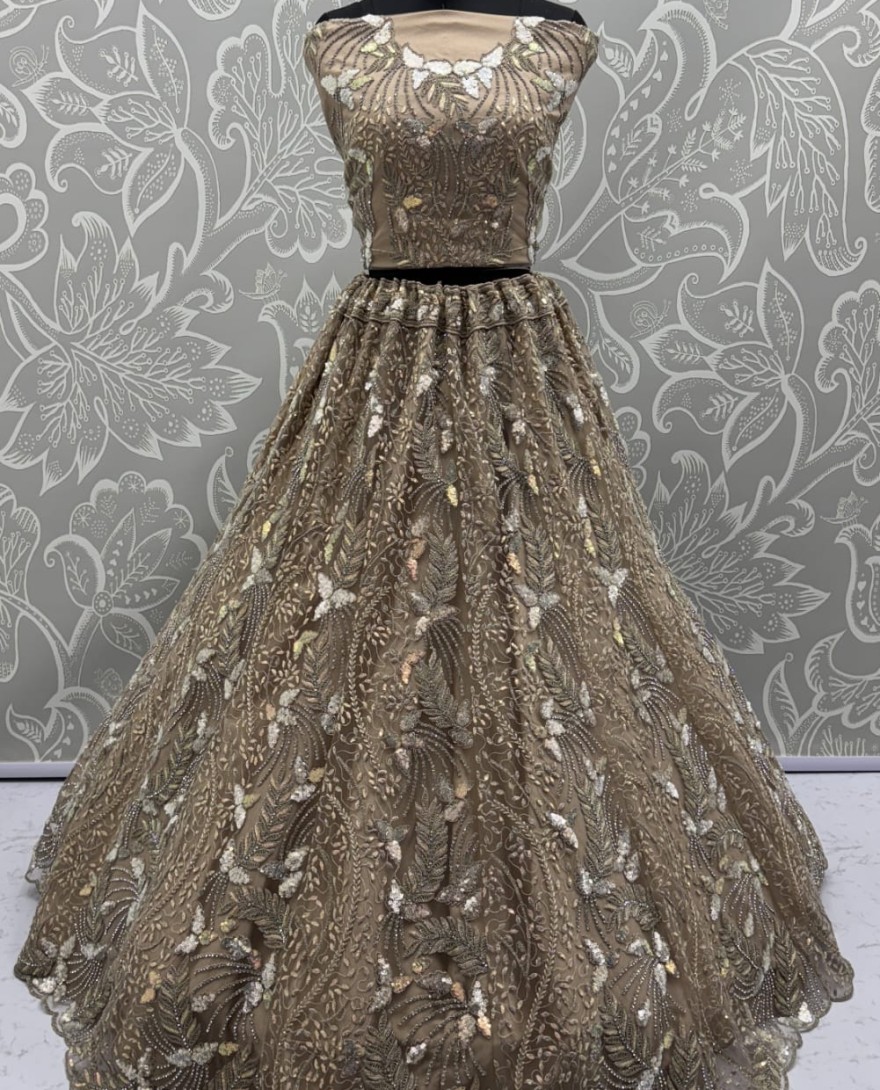 2879golden - Beautiful Golden Dupatta on  Matching Designer Embroidered Reception wear Lehenga choli 