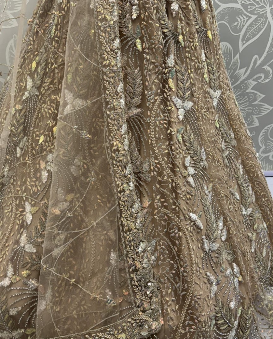 2879golden - Beautiful Golden Dupatta on  Matching Designer Embroidered Reception wear Lehenga choli 