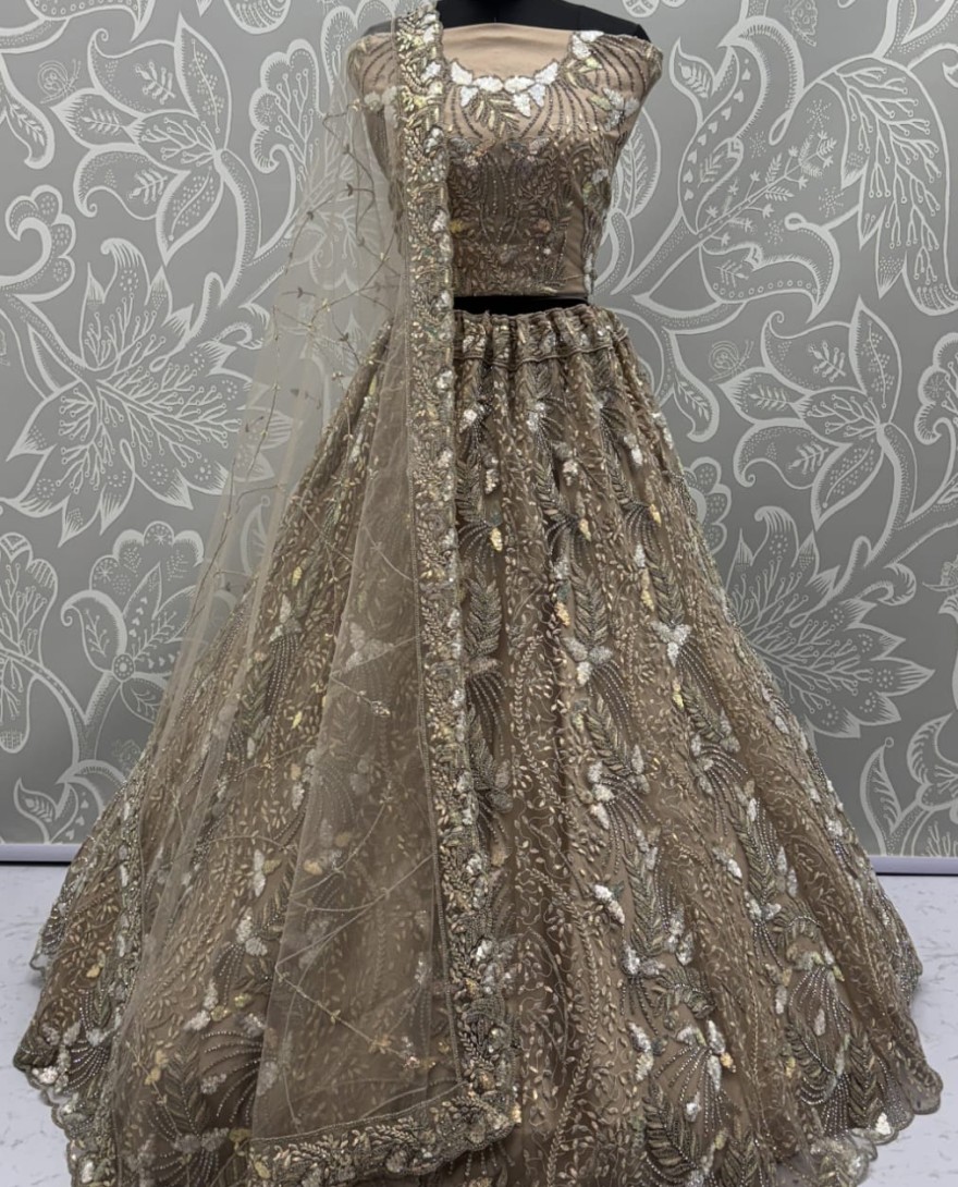 2879golden - Beautiful Golden Dupatta on  Matching Designer Embroidered Reception wear Lehenga choli 