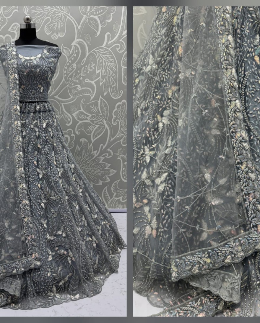 2879grey - Beautiful Grey Dupatta on  Matching Designer Embroidered Reception wear Lehenga choli 