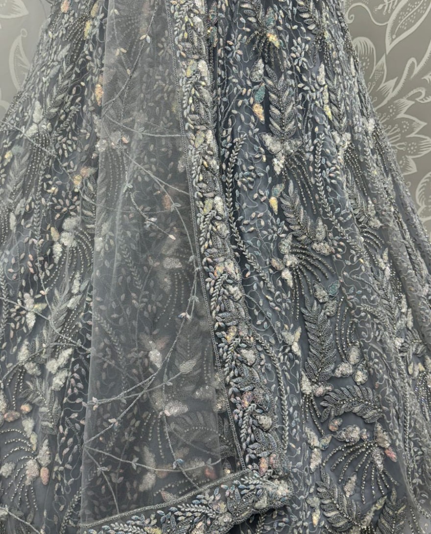 2879grey - Beautiful Grey Dupatta on  Matching Designer Embroidered Reception wear Lehenga choli 