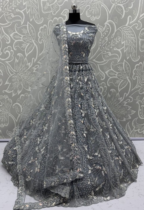 Beautiful Grey Dupatta on  Matching Designer Embroidered Reception wear Lehenga choli 