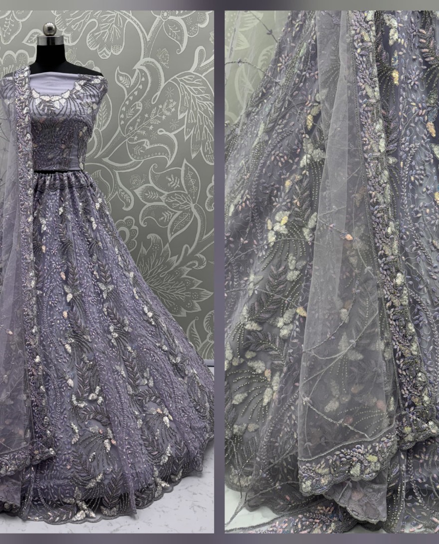 2879lavender - Beautiful Lavender Dupatta on  Matching Designer Embroidered Reception wear Lehenga choli 