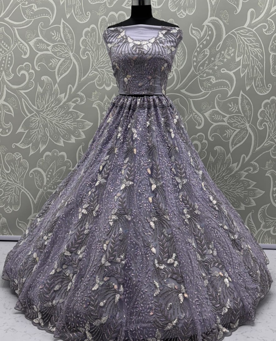 2879lavender - Beautiful Lavender Dupatta on  Matching Designer Embroidered Reception wear Lehenga choli 