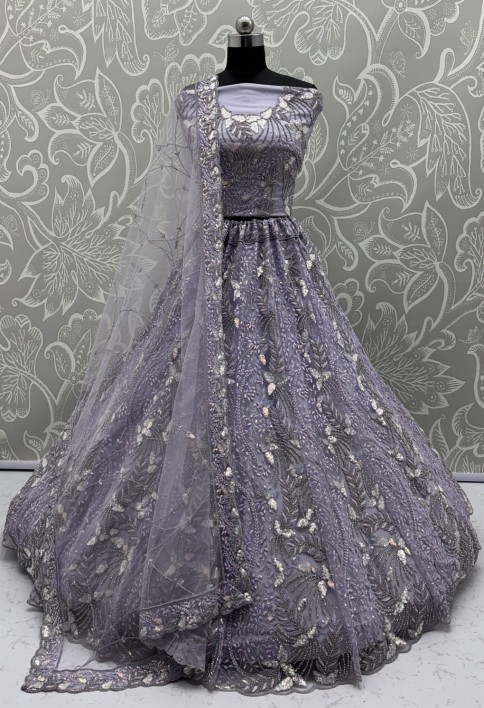 Beautiful Lavender Dupatta on  Matching Designer Embroidered Reception wear Lehenga choli 