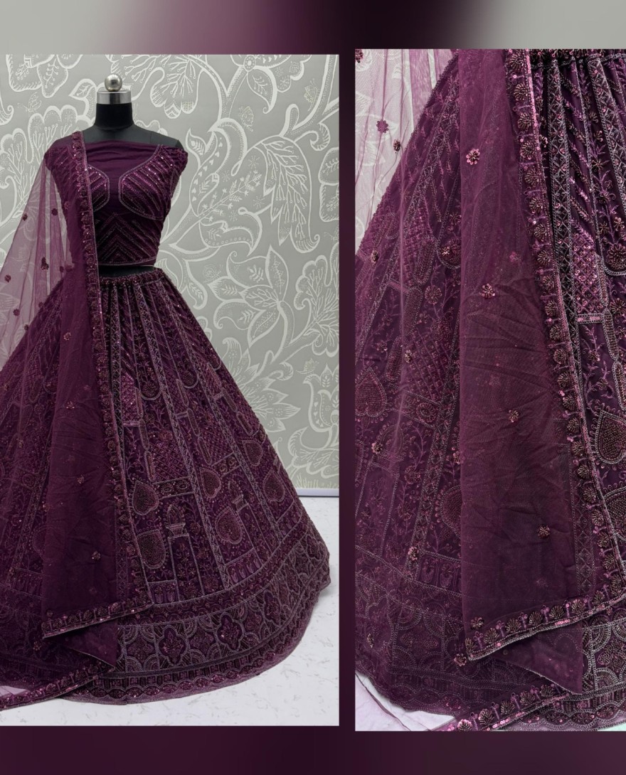 2877-maroon - Sober Handwork Maroon Motif and Crystal Pipe work Designed Reception Wear Collection in Lehenga Choli