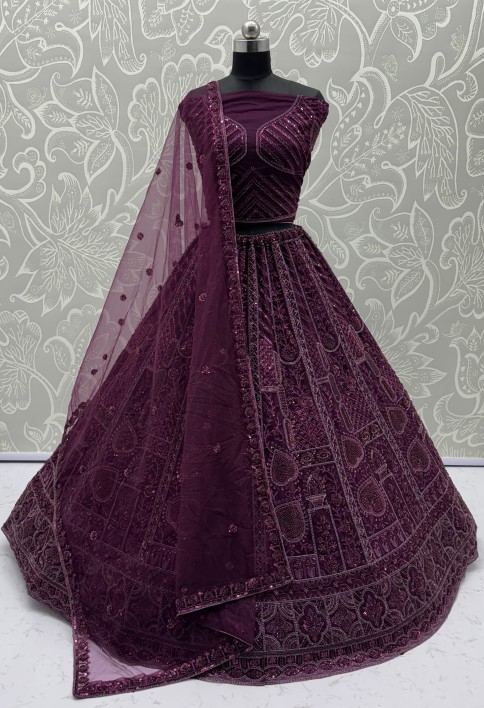 Sober Handwork Maroon Motif and Crystal Pipe work Designed Reception Wear Collection in Lehenga Choli