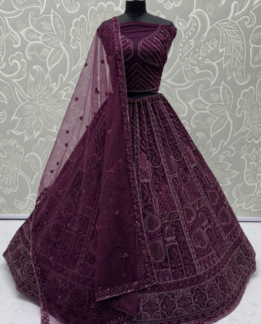 2877-maroon - Sober Handwork Maroon Motif and Crystal Pipe work Designed Reception Wear Collection in Lehenga Choli