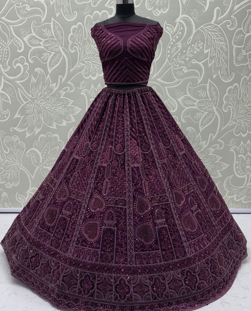 2877-maroon - Sober Handwork Maroon Motif and Crystal Pipe work Designed Reception Wear Collection in Lehenga Choli