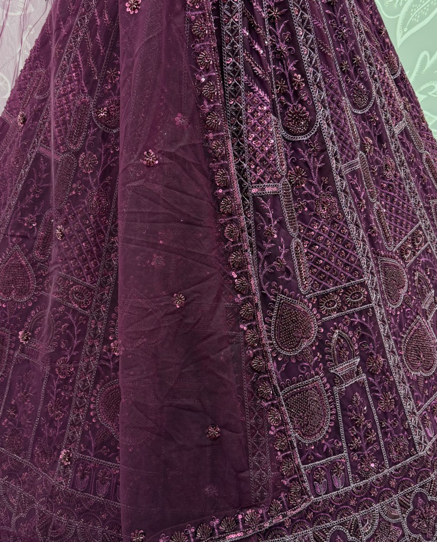 2877-maroon - Sober Handwork Maroon Motif and Crystal Pipe work Designed Reception Wear Collection in Lehenga Choli