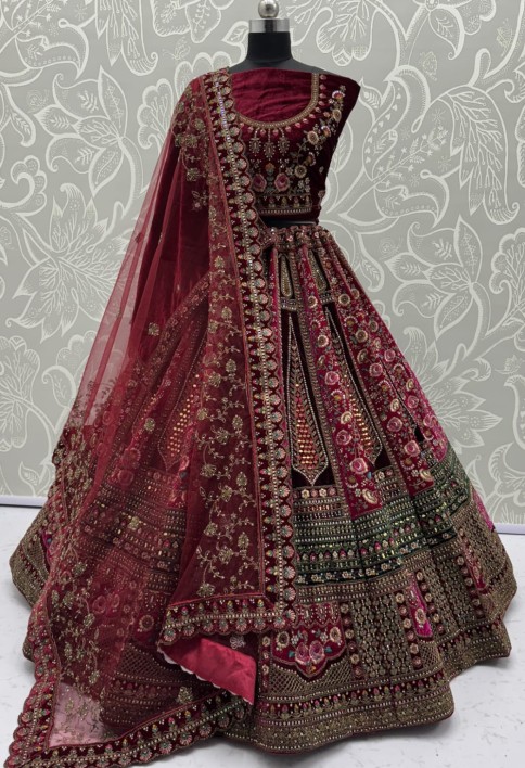 Double velvet maroon dupatta combined With excellent flower Embroidery and Hand crafted mirror work designed Bridal Lehenga choli 