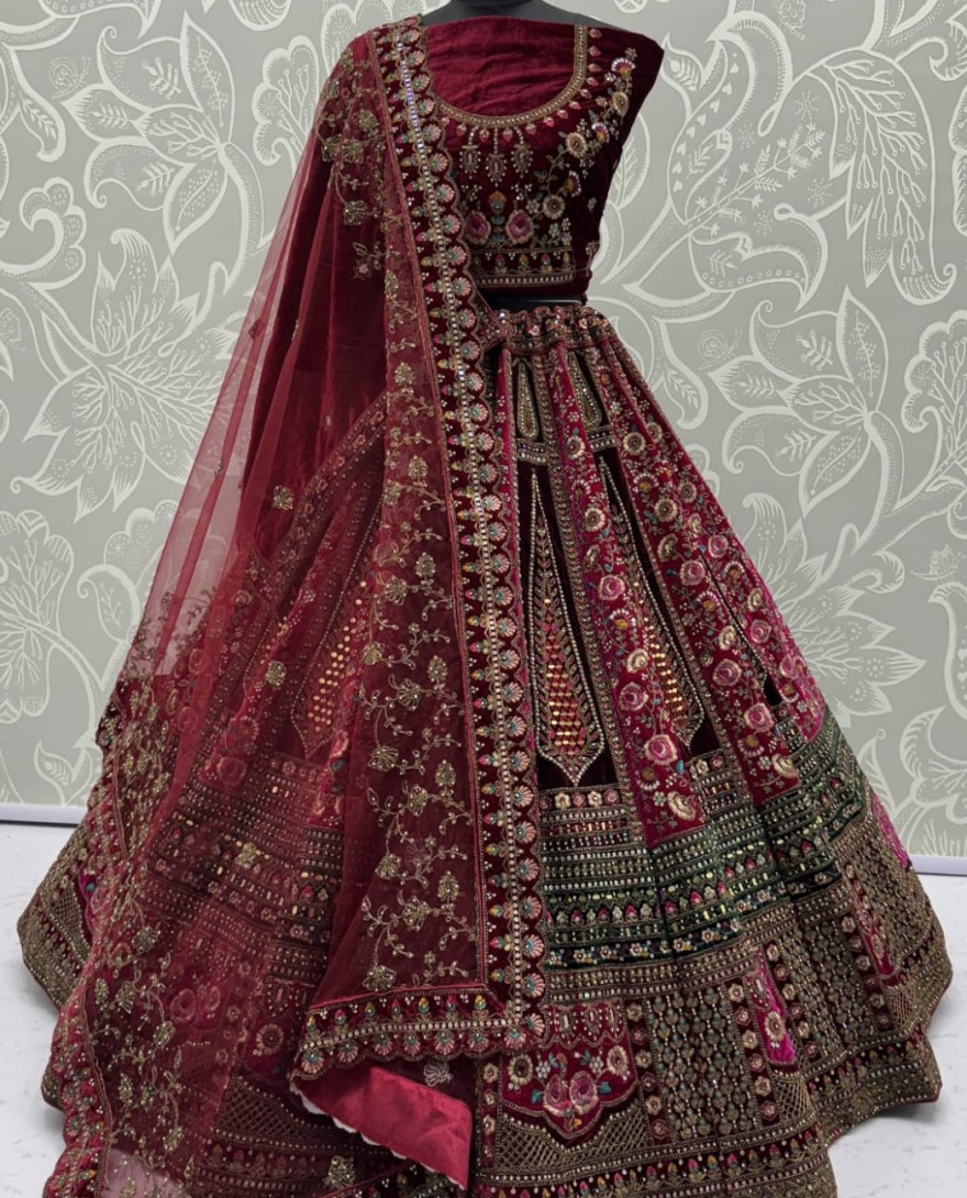 2878-redmaroon - Double velvet maroon dupatta combined With excellent flower Embroidery and Hand crafted mirror work designed Bridal Lehenga choli 